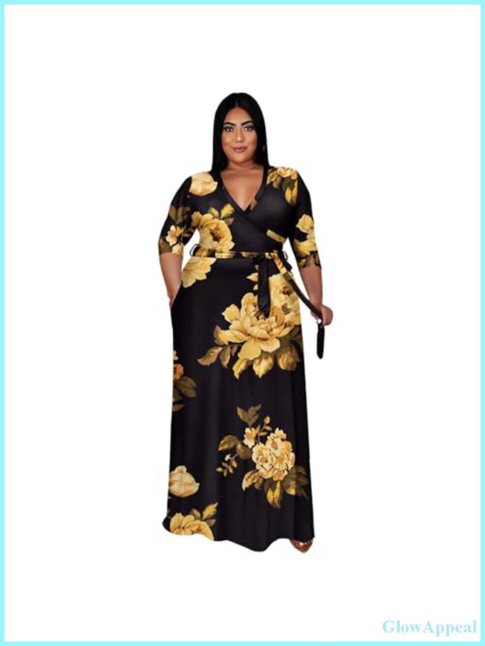 Plus Size Maxi Dress 3/4 Sleeve Wrap Dress with Belt Pockets Flowy A-Line